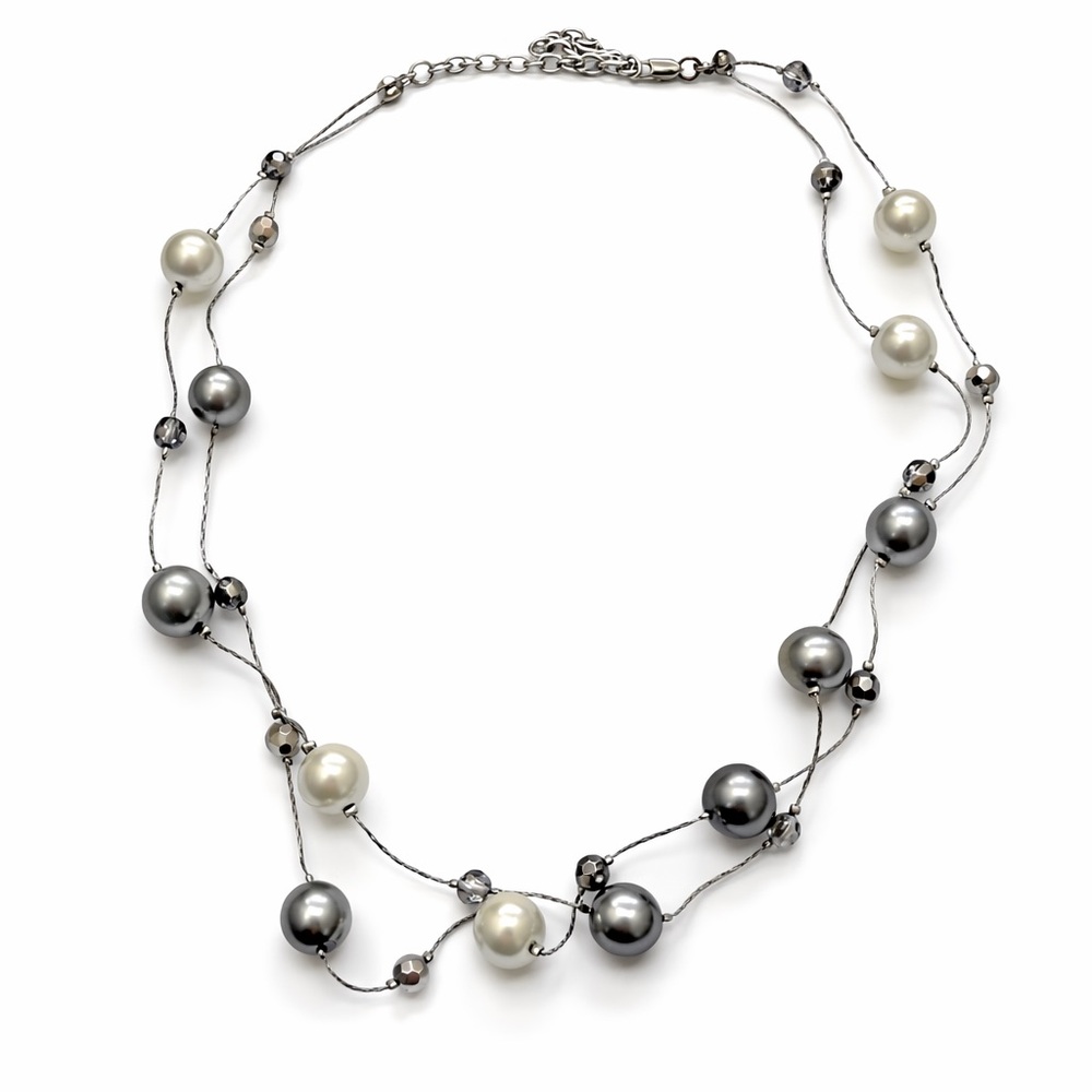 2-Piece Freshwater Pearl & Black Crystal and Layered Silver Pearl Necklaces Set - Picture 6 of 7